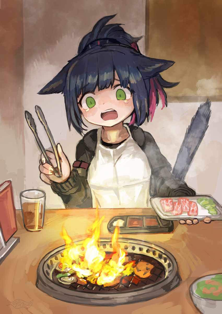 1girl absurdres animal_ears arknights black_hair black_jacket buchi0122 cat_ears cat_girl cat_tail commentary_request cup cutting_board drink drinking_glass fire food green_eyes highres holding indoors jacket jessica_(arknights) meat multicolored_hair open_clothes open_jacket pink_hair ponytail shirt solo streaked_hair table tail tears tongs upper_body white_shirt