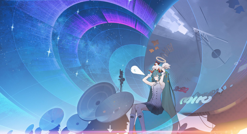 1girl animal_on_head aqua_hair arms_up bird boots breasts character_name chicken closed_eyes closed_mouth dated diffraction_spikes dress gloves hatsune_miku highres horns long_hair noki_0x3 on_head satellite_dish sitting sleeveless sleeveless_dress small_breasts smile solo star_(sky) twintails very_long_hair vocaloid white_footwear