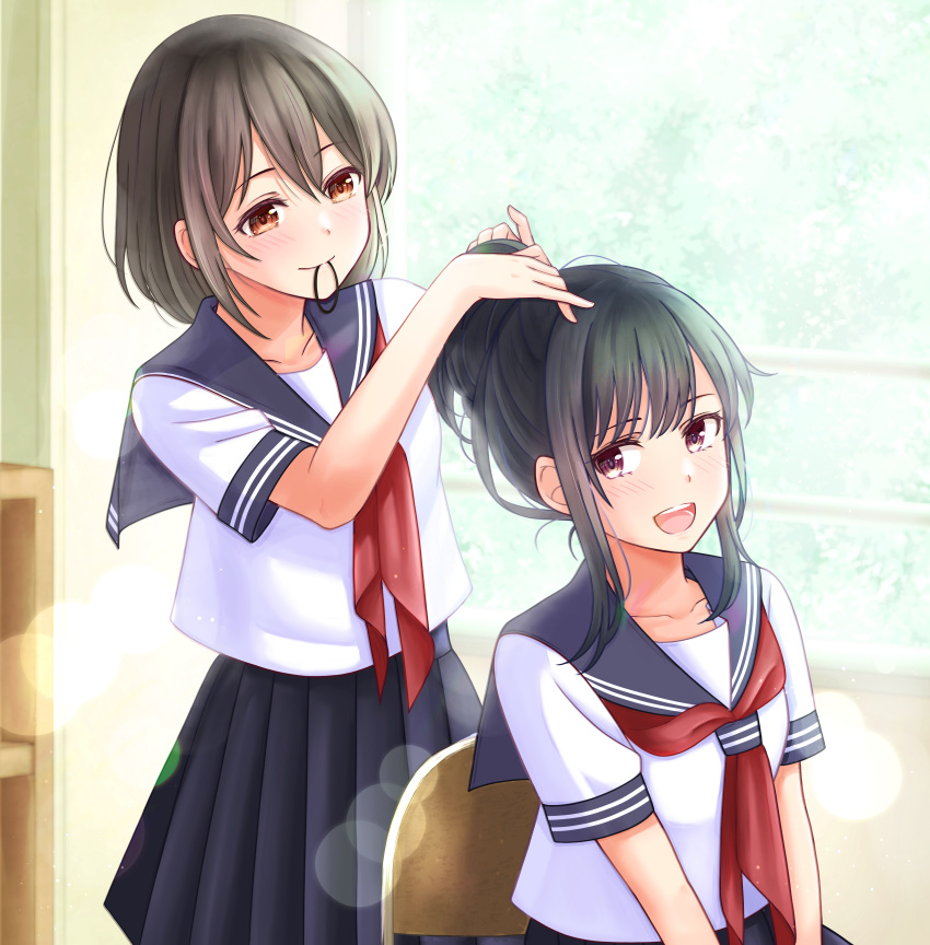 2girls absurdres awazake_(2wairu) black_hair blue_sailor_collar blue_skirt blurry blurry_background blush brown_hair chair closed_mouth collarbone commentary_request hair_tie hair_tie_in_mouth hands_up highres long_hair looking_at_another looking_back mouth_hold multiple_girls neckerchief open_mouth original ponytail red_eyes red_neckerchief revision sailor_collar school_uniform serafuku shirt short_hair short_sleeves sitting skirt smile standing summer_uniform violet_eyes white_shirt window yuri