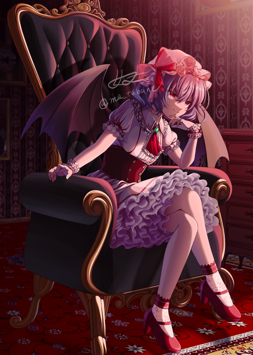 1girl absurdres ascot bat_wings bow chair closed_mouth commentary dress emoriza frilled_dress frills full_body hat hat_bow high_heels highres indoors mob_cap purple_hair red_ascot red_bow red_eyes red_footwear remilia_scarlet short_hair signature sitting smile solo touhou twitter_username white_dress white_headwear wings wrist_cuffs