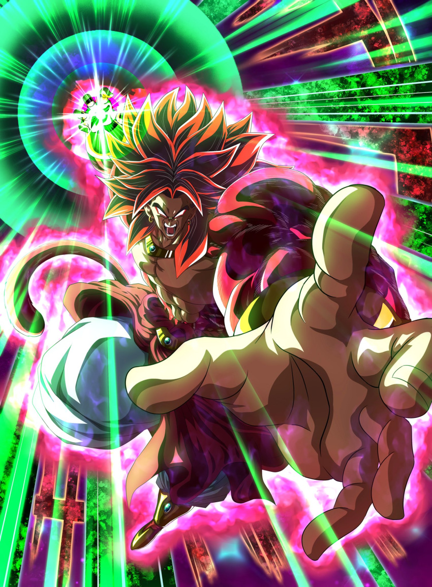 1boy abs armlet baggy_pants biceps body_fur boots bracelet bracer broly_(dragon_ball_z) circlet dragon_ball dragon_ball_heroes dragon_ball_z earrings forehead_jewel gold_earrings gold_footwear gold_necklace highres hoop_earrings incoming_attack jewelry legendary_super_saiyan male_focus monkey_boy monkey_tail muscular muscular_male necklace no_nipples no_pupils open_mouth pants pectorals red_fur redhead smile solo spiky_hair suigetu26 super_full_power_saiyan_4_limit_breaker super_saiyan super_saiyan_4 tail topless_male vambraces white_pants