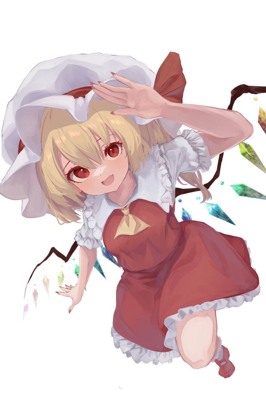 1girl :d absurdres ascot blonde_hair commentary crystal flandre_scarlet full_body hat hat_ribbon highres looking_at_viewer medium_hair one_side_up open_mouth r_utchi red_eyes red_footwear red_nails red_ribbon red_skirt red_vest ribbon shirt simple_background skirt smile socks solo touhou vest white_background white_headwear white_shirt white_socks wings yellow_ascot