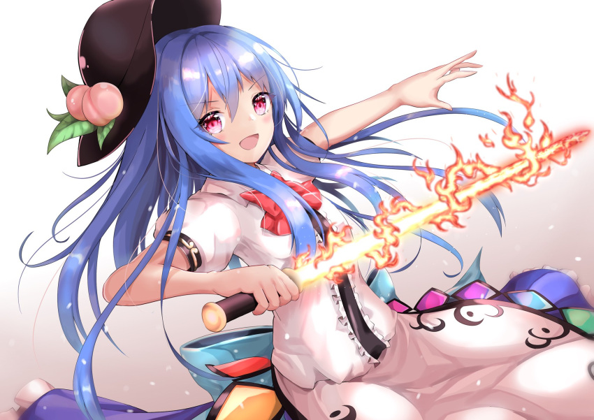 1girl :d black_headwear blue_hair bow bowtie center_frills commentary food frills fruit gradient_background highres hinanawi_tenshi holding holding_sword holding_weapon leaf long_hair looking_at_viewer open_mouth peach rainbow_order red_bow red_bowtie red_eyes short_sleeves smile solo sword sword_of_hisou touhou weapon white_background yuyu_hane