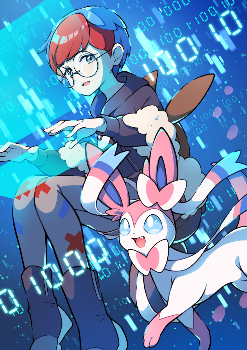 1girl absurdres backpack bag blue_background blue_hair boots brown_bag commentary_request glasses grey_pantyhose highres hood hoodie long_sleeves looking_to_the_side multicolored_hair open_mouth pantyhose penny_(pokemon) pokemon pokemon_(creature) pokemon_(game) pokemon_sv pon_yui redhead round_eyewear short_hair sitting smile sylveon two-tone_hair