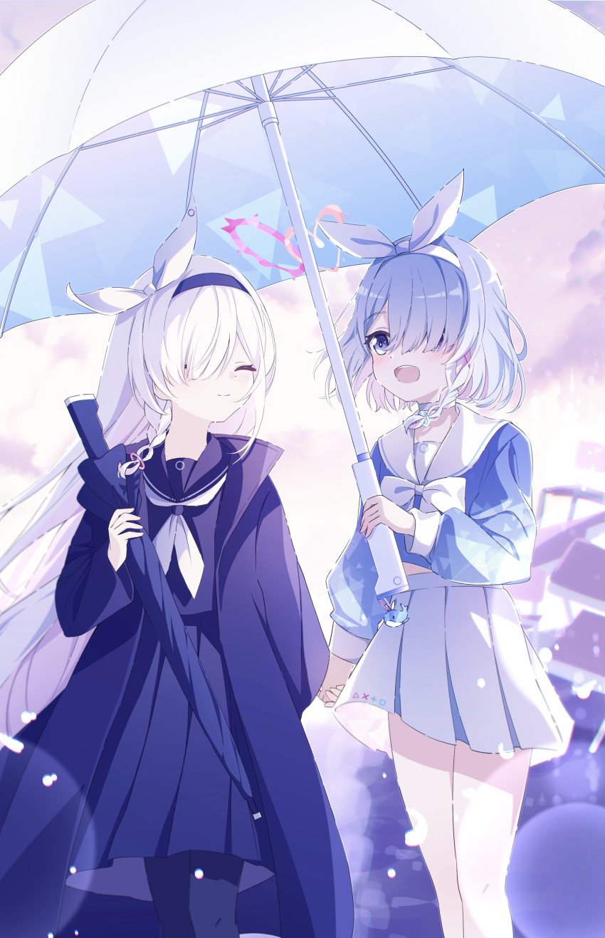 2girls :d a.r.o.n.a_(blue_archive) absurdres arona_(blue_archive) bare_legs black_coat black_hairband black_shirt black_skirt black_umbrella blue_archive blue_eyes blue_hair blue_shirt bow bow_hairband bowtie braid closed_eyes closed_mouth coat hair_over_one_eye hairband highres holding holding_hands holding_umbrella light_blue_hair light_particles light_smile long_hair long_sleeves multiple_girls neckerchief nemu_no1 open_mouth pleated_skirt shirt short_hair side_braid single_braid skirt smile standing umbrella white_bow white_bowtie white_hair white_hairband white_neckerchief white_skirt white_umbrella