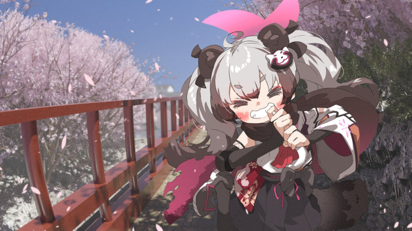 1girl =_= ahoge amonitto animal_ears architecture armor ascot black_hair black_ribbon black_scarf black_skirt blue_archive blue_sky blurry blurry_background blush building cherry_blossoms colored_tips commentary_request day east_asian_architecture eyeshadow facing_viewer falling_petals film_grain floral_print foot_out_of_frame foot_up grey_hair grin hadanugi_dousa hair_ribbon halo hands_up highres japanese_armor japanese_clothes kimono kote kuji-in kurokote long_hair makeup michiru_(blue_archive) multicolored_clothes multicolored_hair multicolored_kimono ninja obijime outdoors petals photo_background pink_eyeshadow pleated_skirt raccoon_ears raccoon_hair_ornament railing red_ascot ribbon scarf shoes short_eyebrows skirt sky smile sneakers solo standing standing_on_one_leg thick_eyebrows tree twintails v-shaped_eyebrows white_kimono wide_sleeves