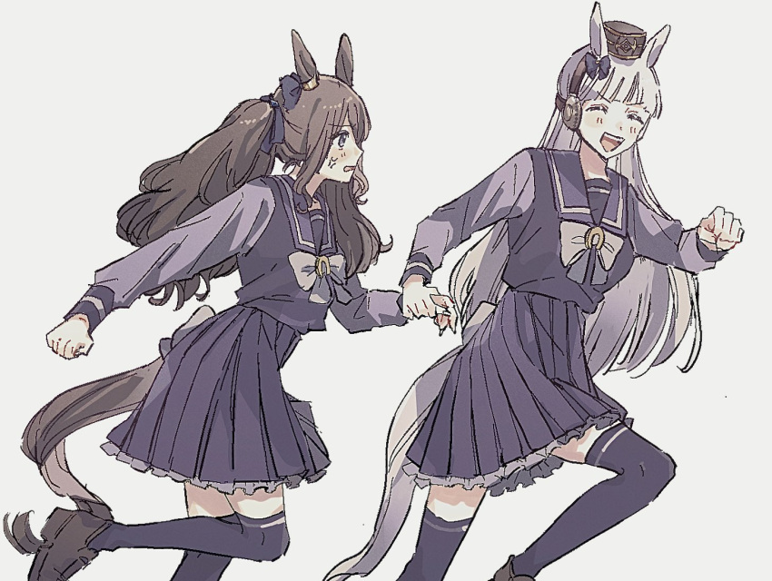 2girls anger_vein animal_ears blunt_bangs bow bowtie brown_footwear brown_hair brown_headwear frilled_skirt frills from_side gold_ship_(umamusume) grey_background grey_hair horse_ears horse_girl horse_tail horseshoe_ornament long_hair long_sleeves multiple_girls n_(mo_02323) pillbox_hat pleated_skirt purple_serafuku purple_shirt purple_skirt purple_thighhighs running sailor_collar sailor_shirt school_uniform serafuku shirt simple_background skirt tail thigh-highs tosen_jordan_(umamusume) tracen_school_uniform twintails umamusume violet_eyes white_bow white_bowtie