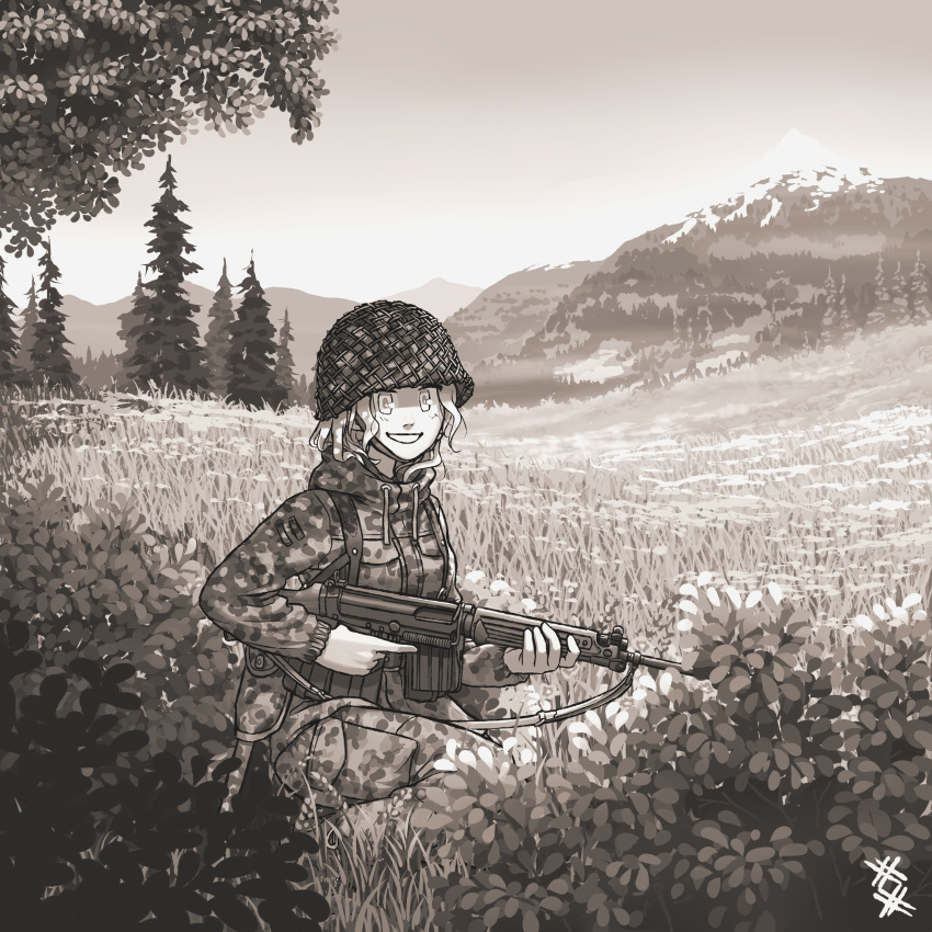 1girl absurdres ammunition_pouch austria battle_rifle camouflage camouflage_jacket camouflage_pants entrenching_tool fn_fal forest gun helmet highres holding holding_gun holding_weapon jacket load_bearing_equipment meadow military military_helmet military_uniform mountainous_horizon nature one_knee original ostwindprojekt outdoors pants pouch rifle scenery signature sky sling_(weapon) trigger_discipline uniform weapon