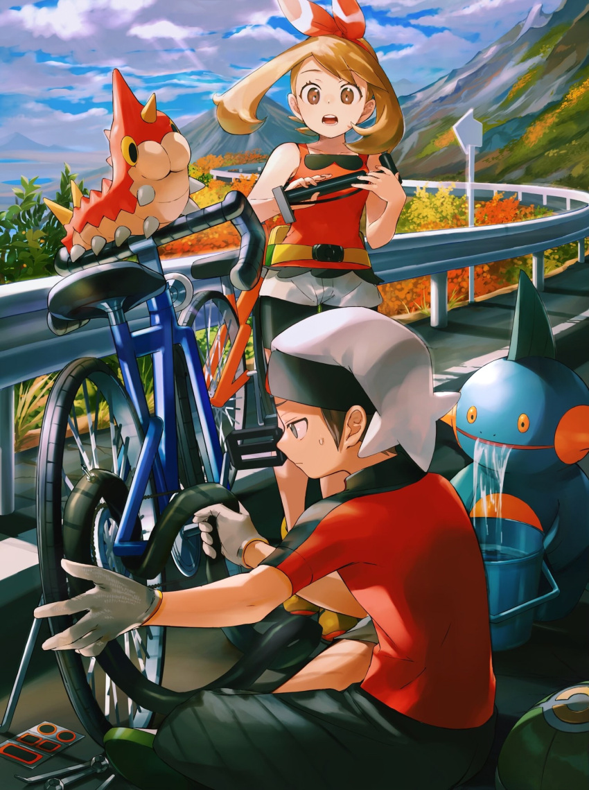 1boy 1girl bicycle bike_shorts bike_shorts_under_shorts brendan_(pokemon) brown_eyes brown_hair bucket clouds commentary_request day eyelashes gloves ground_vehicle highres holding marshtomp may_(pokemon) open_mouth orange_mikan outdoors pants pokemon pokemon_(creature) pokemon_(game) pokemon_oras shirt shoes short_shorts short_sleeves shorts sitting sky sleeveless sleeveless_shirt standing teeth tongue water wurmple yellow_footwear
