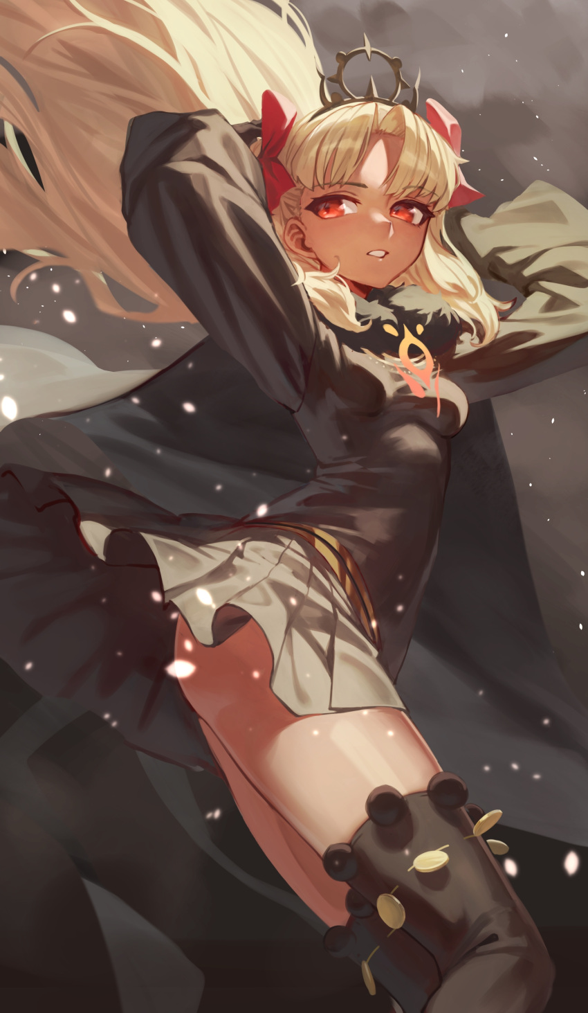 1girl absurdres arms_up black_cape black_dress black_thighhighs blonde_hair breasts cape chorogon commentary_request dark-skinned_female dark_skin dress ereshkigal_(fate) ereshkigal_alter_(fate) fate/grand_order fate_(series) floating_hair fur-trimmed_cape fur_trim hair_ribbon highres long_hair long_sleeves looking_at_viewer looking_away parted_bangs red_eyes red_ribbon ribbon small_breasts solo thigh-highs tiara