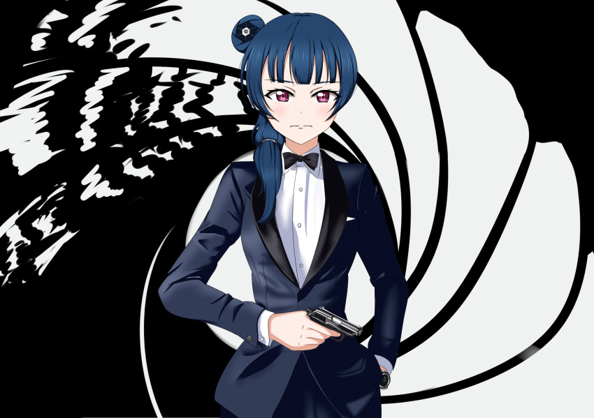 1girl black_background blue_hair bow bowtie cosplay cowboy_shot gun gun_barrel_sequence hair_bun handgun highres james_bond james_bond_(cosplay) james_bond_(series) love_live! love_live!_sunshine!! red_eyes simple_background single_side_bun skyfall solo tsushima_yoshiko tuxedo walther walther_ppk watch weapon white_background