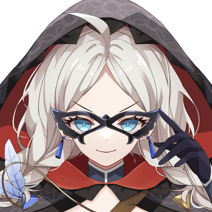 1girl absurdres adjusting_eyewear ahoge black_gloves blue_brooch blue_eyes braid chain cho_000 closed_mouth commission commissioner_upload crystal_earrings earrings eye_mask feathers fire_emblem fire_emblem_fates fire_emblem_heroes gloves gold_chain highres hood hood_up jewelry low_twin_braids nina_(fire_emblem) nina_(thief)_(fire_emblem) non-web_source parted_bangs portrait smile solo turtleneck twin_braids two-sided_fabric white_hair