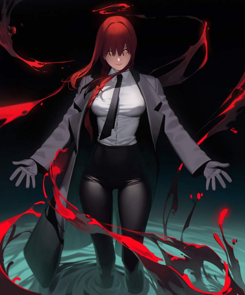 1girl abbystea aura black_coat black_gloves black_necktie black_pants blood breasts business_suit chainsaw_man coat collared_shirt formal gloves hair_down high-waist_pants highres large_breasts makima_(chainsaw_man) necktie office_lady open_clothes open_coat pants partially_submerged red_halo redhead ringed_eyes shirt shirt_tucked_in solo suit tight tight_pants white_shirt yellow_eyes
