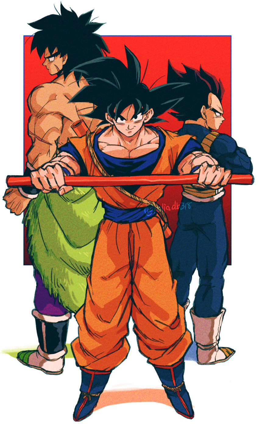 3boys absurdres black_hair blue_footwear broly_(dragon_ball_super) dragon_ball dragon_ball_super full_body highres holding multiple_boys pants purple_pants relio_db318 scar scar_on_face shadow smile son_goku standing vegeta white_footwear