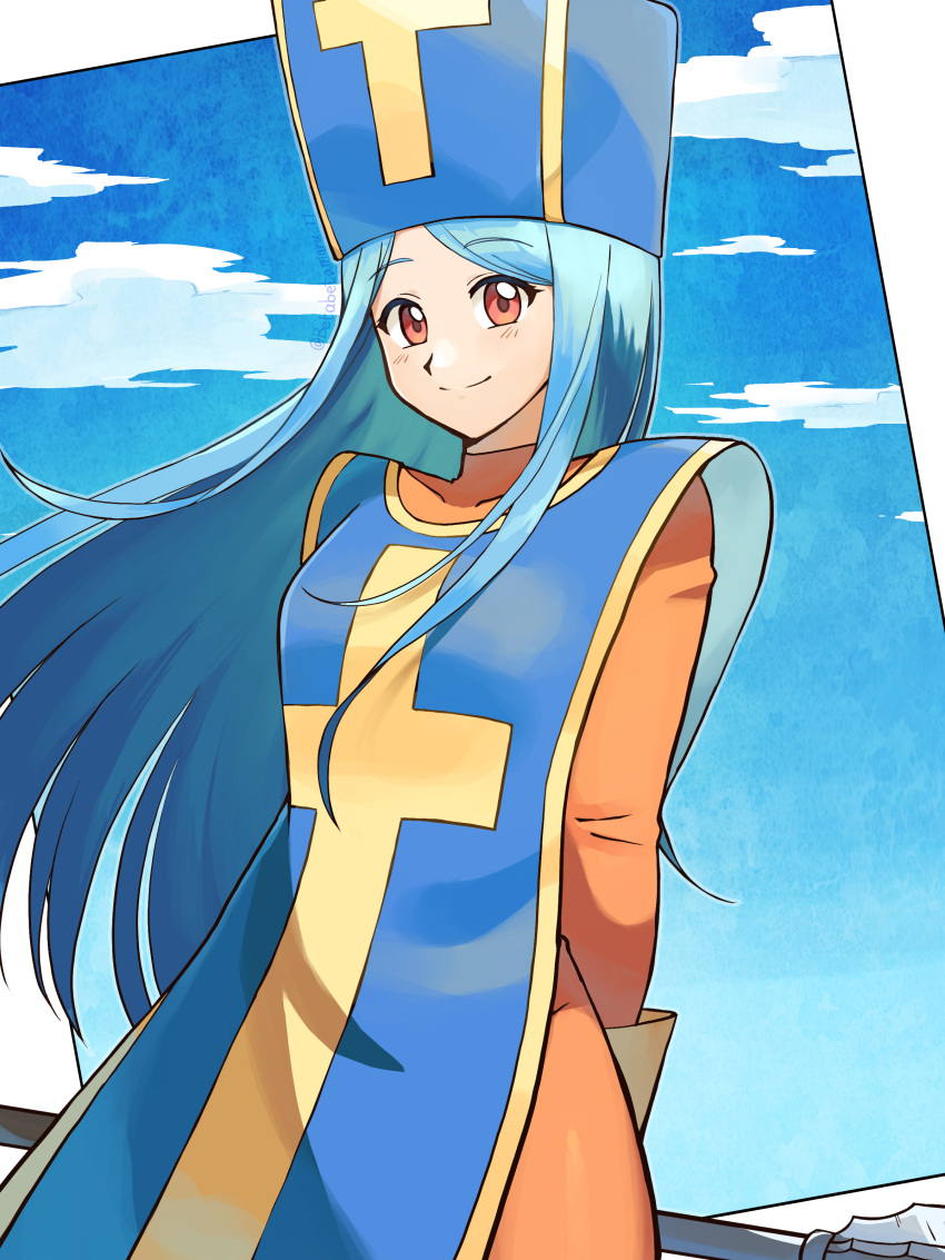 1girl absurdres arms_behind_back betabetamaru blue_eyes blue_sky blue_tabard bodysuit breasts clouds commentary_request commission cowboy_shot dragon_quest dragon_quest_iii gloves hat highres holding holding_mace holding_weapon long_hair mace medium_breasts mitre orange_bodysuit orange_eyes priest_(dq3) skeb_commission sky smile solo tabard very_long_hair weapon yellow_gloves