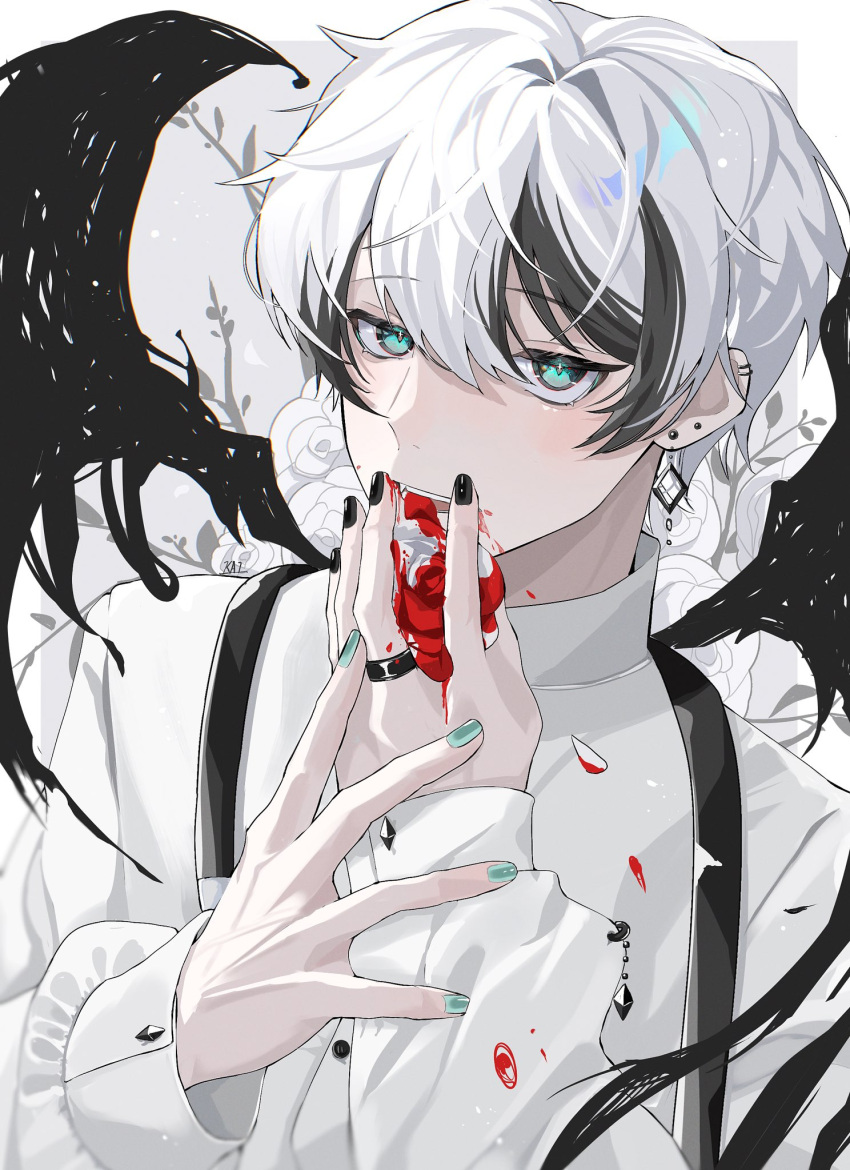 1boy aqua_eyes aqua_nails bishounen black_hair black_nails blood earrings falling_petals flower highres jewelry ka1_(user_hkdw4252) long_sleeves looking_at_viewer male_focus multicolored_hair open_mouth original petals ring rose sleeve_cuffs solo two-tone_hair upper_body white_flower white_hair white_rose