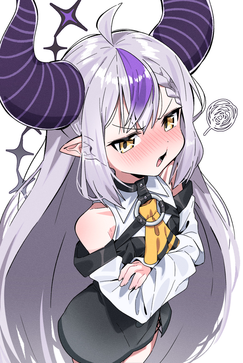 1girl ahoge annoyed ascot black_dress blush braid braided_bangs collar crossed_arms dated_commentary demon_girl demon_horns detached_sleeves dress grey_hair highres hololive horns la+_darknesss long_hair looking_at_viewer multicolored_hair o-ring open_mouth pointy_ears purple_hair purple_horns simple_background solo squiggle standing streaked_hair striped_horns tail tosyeo v-shaped_eyebrows very_long_hair virtual_youtuber white_background white_sleeves yellow_ascot yellow_eyes