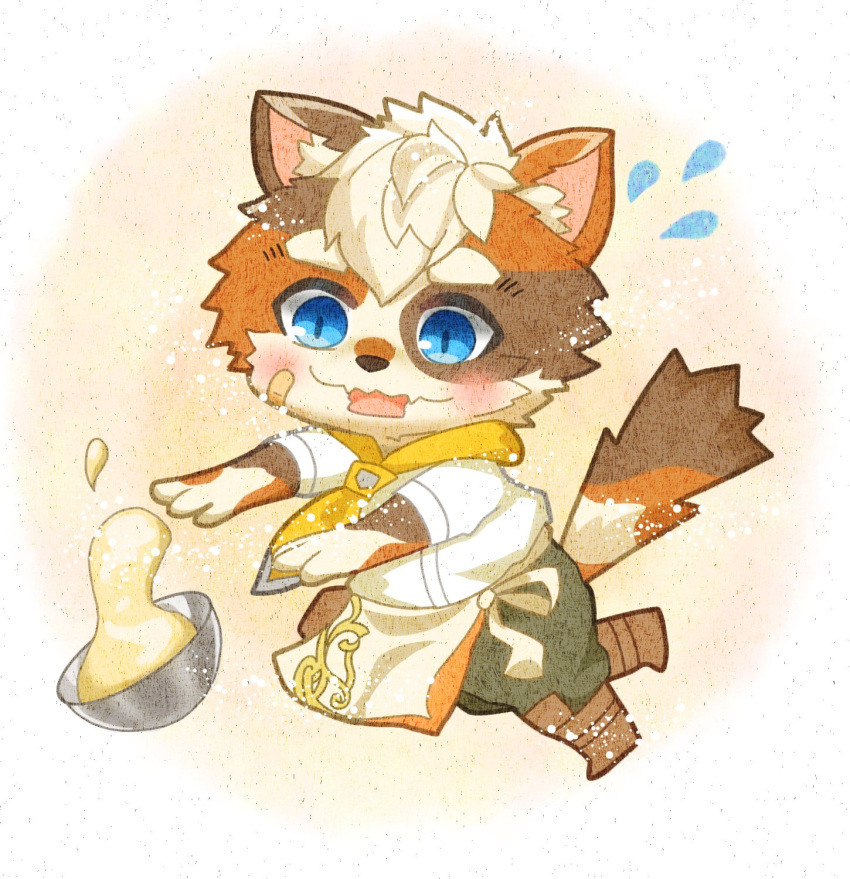1boy animal_ears apron bowl cat_boy cat_ears cat_tail character_request chibi cooking crave_saga dough flying_sweatdrops full_body highres male_focus short_hair solo tail taku_(0807ad14) thick_eyebrows