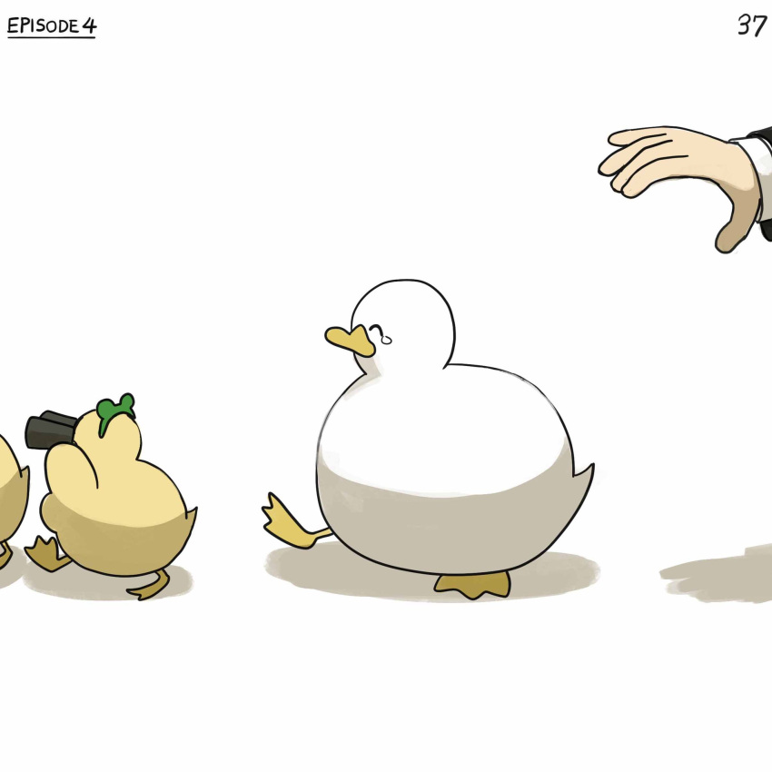 1girl ^_^ binoculars bird closed_eyes diva_(hyxpk) duck duckling english_text frog_headband highres numbered nun original outstretched_arm simple_background tearing_up walking white_background