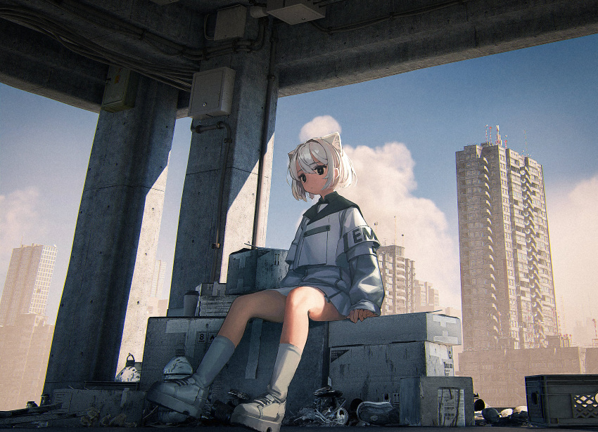 1girl absurdres animal_ear_fluff animal_ears bottle box building city cityscape closed_mouth clouds crate cup day disposable_cup highres jacket kneehighs long_sleeves looking_at_viewer m._(emudotto) original outdoors shoes short_hair sitting skirt sky skyscraper sneakers socks solo water_bottle white_footwear white_hair white_skirt white_socks