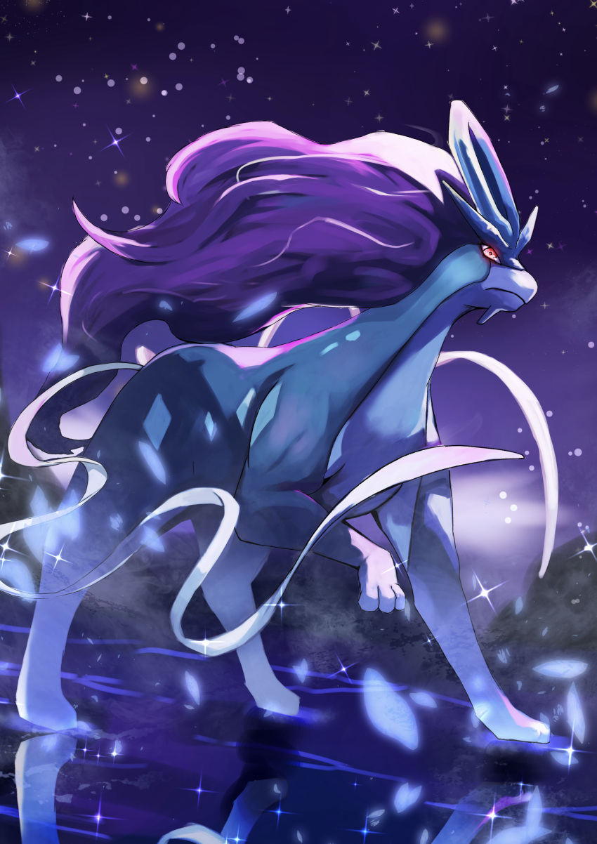 absurdres closed_mouth commentary_request from_below frown glowing glowing_eyes highres looking_at_viewer looking_down night no_humans outdoors pokemon pokemon_(creature) red_eyes reflection sky solo sparkle standing suicune user_rvpr3582 walking walking_on_liquid water