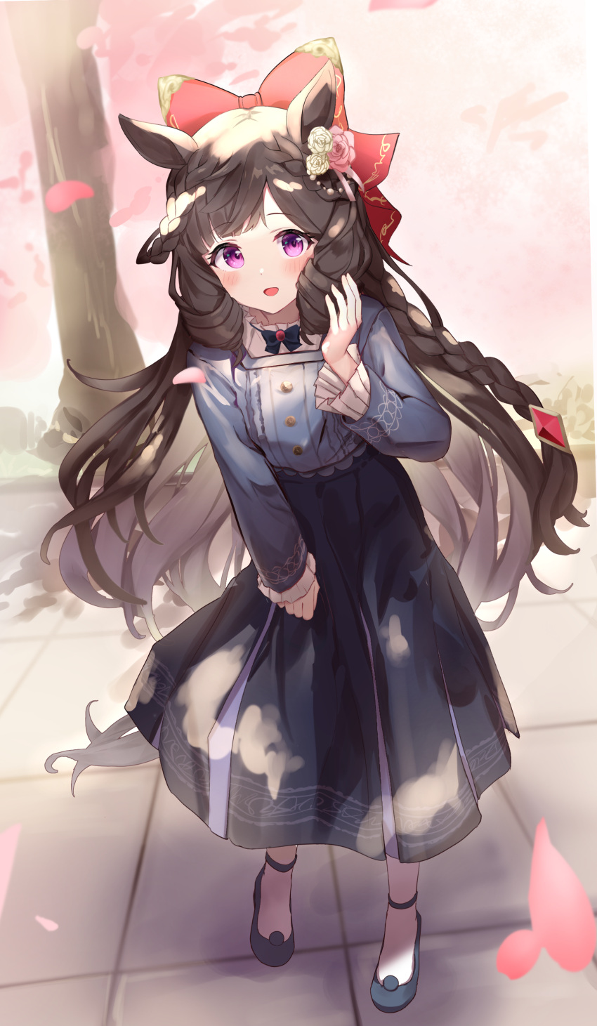 absurdres animal_ears black_dress black_footwear blurry blurry_background blush bow braid brown_hair cherry_blossoms commentary daiichi_ruby_(umamusume) dress flower full_body hair_bow hair_flower hair_ornament hand_on_own_cheek hand_on_own_face hand_up highres holding holding_clothes holding_skirt horse_ears horse_girl horse_tail long_hair long_sleeves looking_at_viewer open_mouth outdoors parted_bangs pink_flower pink_rose red_bow rose side_braid sidelocks skirt tail tree umamusume very_long_hair violet_eyes white_flower white_rose yamada_auto
