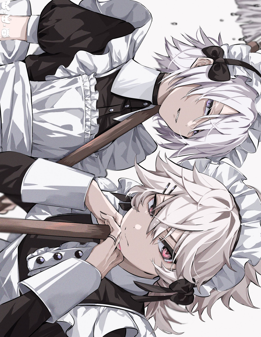 2boys alternate_costume apron black_dress crossdressing dress enmaided frilled_apron frills highres jewelry ka1_(user_hkdw4252) looking_at_viewer maid maid_apron maid_day maid_headdress male_focus multiple_boys original ring sideways solo upper_body victorian_maid white_apron