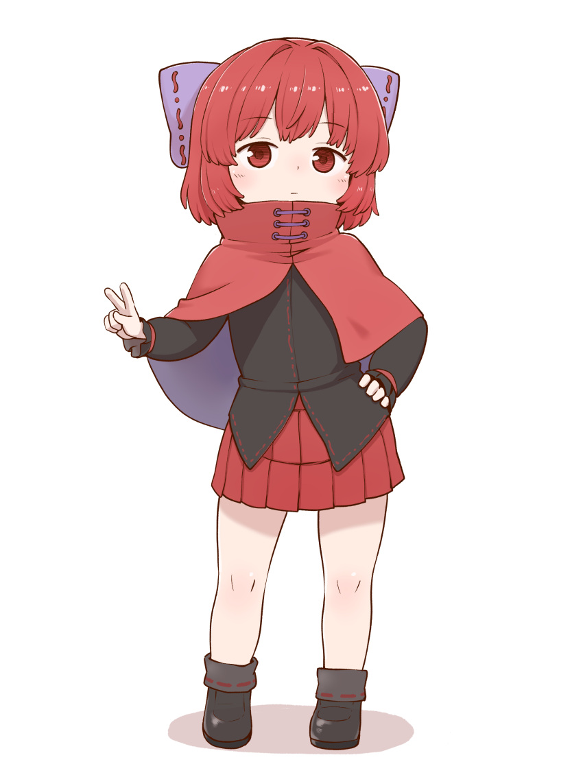1girl absurdres black_footwear black_shirt bow cloak closed_mouth full_body hair_bow hand_on_hip highres long_sleeves looking_at_viewer poronegi purple_bow red_eyes red_skirt redhead sekibanki shirt simple_background skirt solo standing touhou v white_background