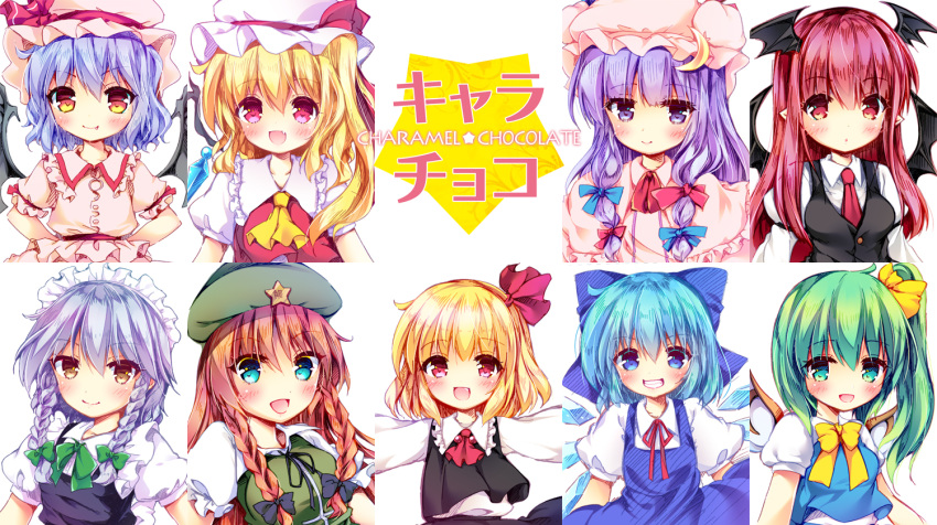 6+girls ascot bat_wings beret black_skirt black_vest blonde_hair blue_bow blue_dress blue_eyes blue_hair blue_vest blush bow bowtie braid breasts brown_eyes capelet cirno closed_mouth collarbone collared_shirt crescent crescent_hat_ornament crystal daiyousei detached_wings dress enjoy_mix fairy_wings fang fang_out flandre_scarlet frilled_capelet frilled_shirt_collar frilled_sleeves frills green_bow green_bowtie green_hair green_headwear hair_between_eyes hair_bow hat hat_ornament head_wings hong_meiling ice ice_wings izayoi_sakuya juliet_sleeves koakuma long_hair long_sleeves looking_at_viewer maid maid_headdress medium_breasts medium_hair meikasai mob_cap multiple_girls necktie one_side_up open_mouth patchouli_knowledge pinafore_dress pink_capelet pink_dress pink_headwear pink_shirt pink_skirt pointy_ears puffy_short_sleeves puffy_sleeves purple_hair red_ascot red_eyes red_necktie red_vest redhead remilia_scarlet rumia shirt short_sleeves skirt small_breasts smile star_(symbol) star_hat_ornament striped striped_dress t-pose touhou twin_braids upper_body vest violet_eyes white_headwear white_shirt wings yellow_necktie