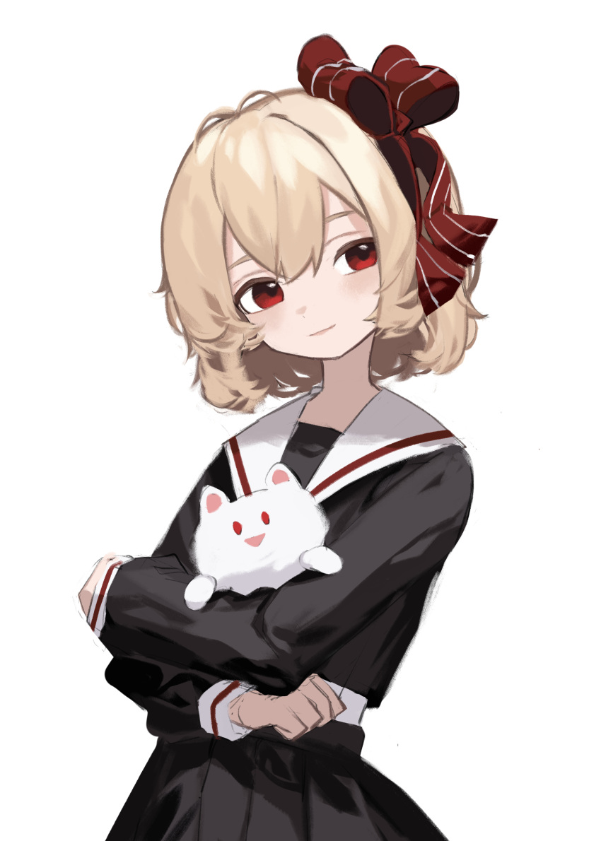 1girl absurdres animal black_shirt black_skirt blonde_hair blush bow cat closed_mouth clynxen collared_shirt commentary hair_bow head_tilt highres holding holding_animal holding_cat lips long_sleeves looking_at_viewer red_bow red_eyes rumia school_uniform shirt short_hair simple_background skirt skirt_set sleeve_cuffs smile solo touhou upper_body white_background white_cat
