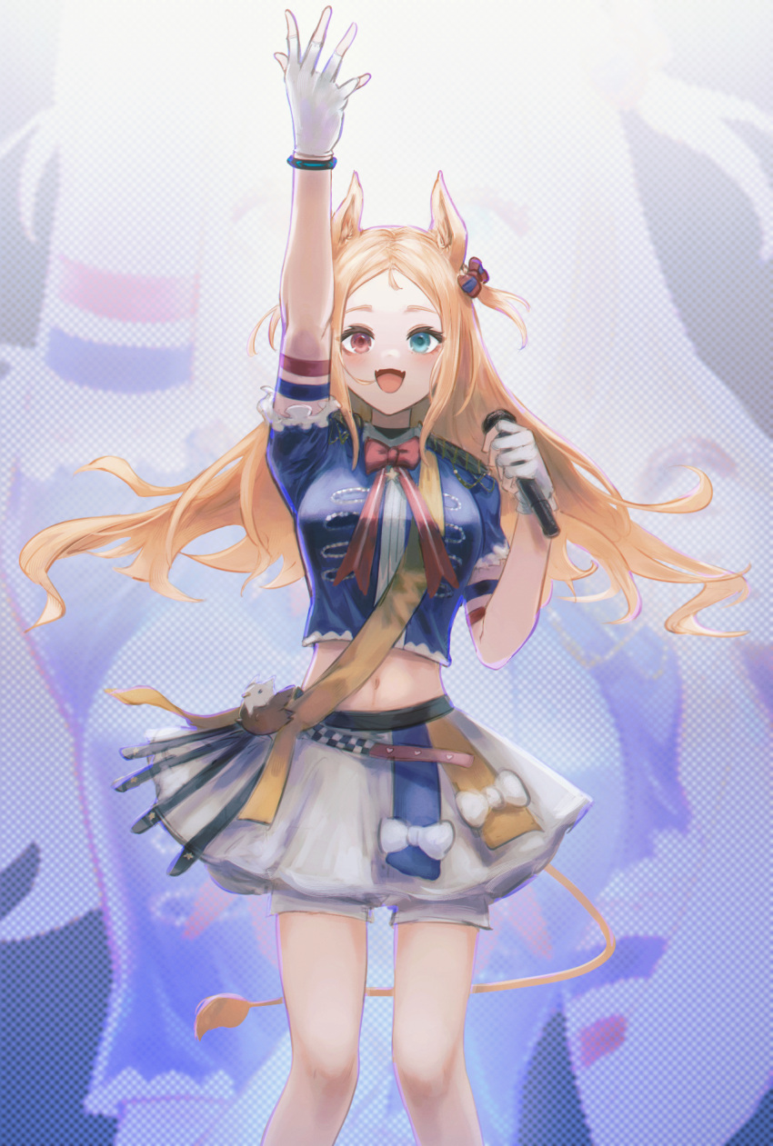 1girl aiv animal_ears archetto_(arknights) arknights arm_up blonde_hair blue_eyes blue_shirt bow breasts commentary_request crop_top forehead frilled_sleeves frills gloves heterochromia highres holding holding_microphone lion_ears lion_girl lion_tail long_hair medium_breasts microphone midriff navel parted_bangs pleated_skirt red_bow red_eyes shirt short_sleeves shorts shorts_under_skirt skirt solo standing tail two_side_up very_long_hair white_gloves white_shorts white_skirt zoom_layer