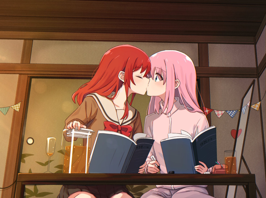 2girls black_skirt blue_eyes bocchi_the_rock! book bow bowtie brown_shirt champagne_flute closed_eyes commentary_request cup drinking_glass gotou_hitori highres holding holding_book iced_tea indoors jacket kiss kita_ikuyo krill55 long_hair multiple_girls pencil_case pink_hair pink_jacket pleated_skirt reading red_bow red_bowtie redhead school_uniform serafuku shirt skirt track_jacket yuri