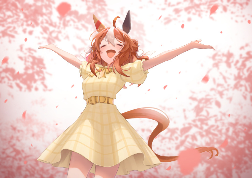 1girl ^_^ ahoge animal_ears belt brown_hair cherry_blossoms closed_eyes commentary copano_rickey_(umamusume) double_bun dress ear_covers facing_up fang hair_bun highres horse_ears horse_girl horse_tail katukodx medium_hair multicolored_hair outstretched_arms petals solo tail two-tone_hair umamusume white_hair yellow_belt yellow_dress