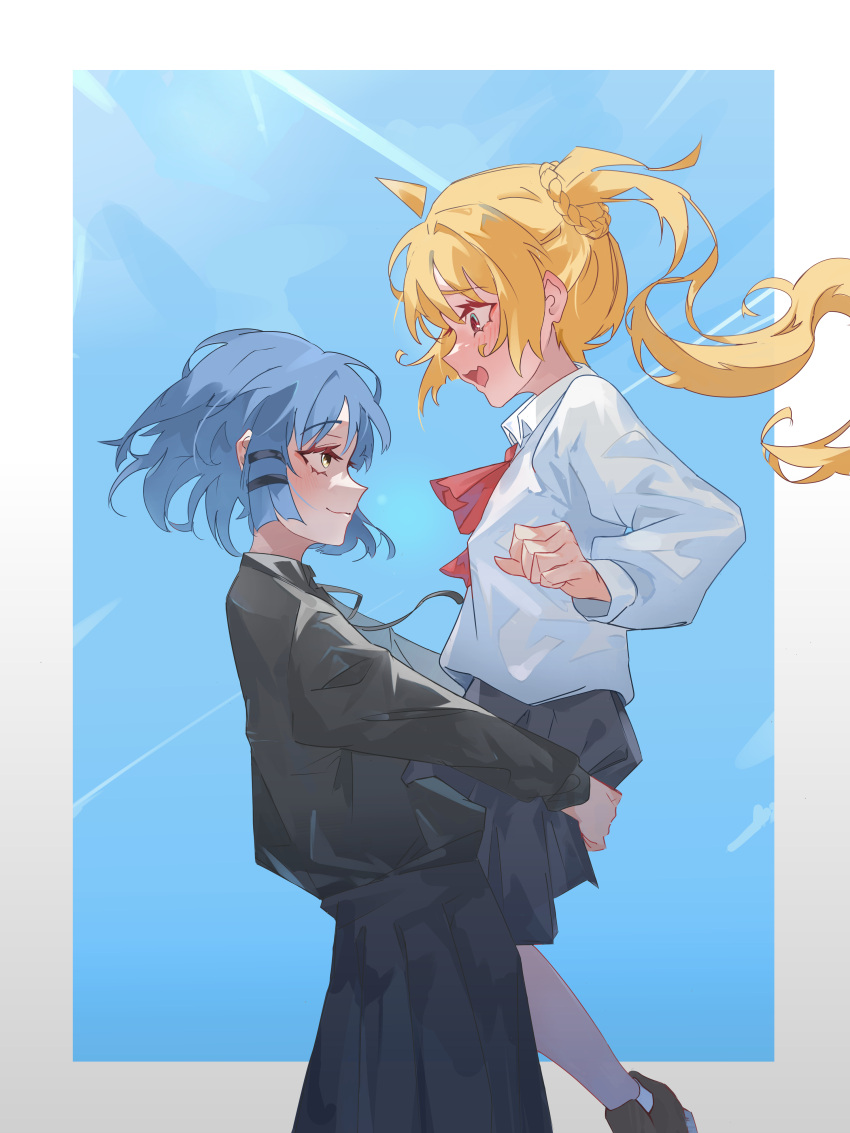 2girls absurdres ahoge black_shirt black_skirt blonde_hair blue_background blue_hair blush bocchi_the_rock! commentary hair_ornament hairclip highres hug ijichi_nijika lifting_person long_hair long_sleeves multiple_girls neckerchief open_mouth pleated_skirt red_neckerchief school_uniform shirt short_hair side_ponytail skirt smile symbol-only_commentary twel yamada_ryou yuri