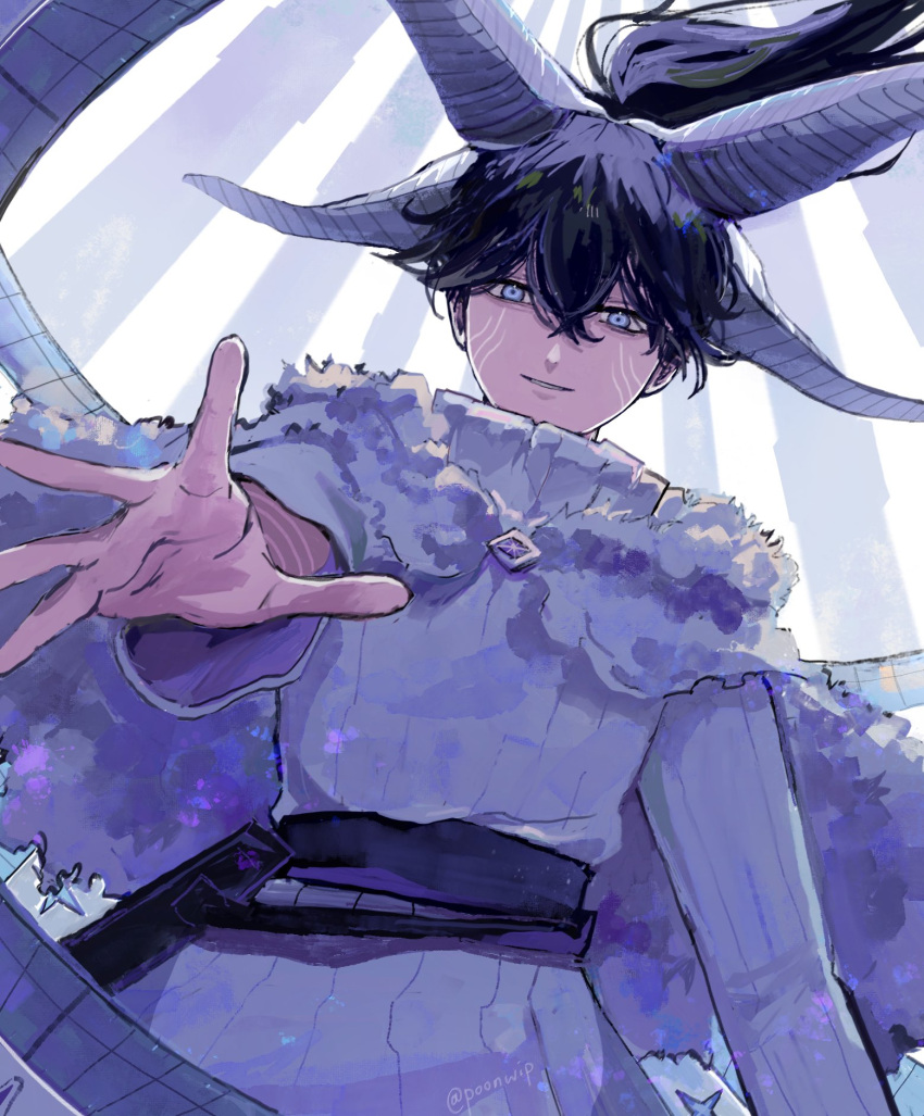 angel black_clover black_hair capelet facial_mark fur_capelet hair_between_eyes high_ponytail highres horns looking_at_viewer morgen_faust outstretched_arm outstretched_hand parted_lips poonwip robe smile twitter_username white_horns white_robe