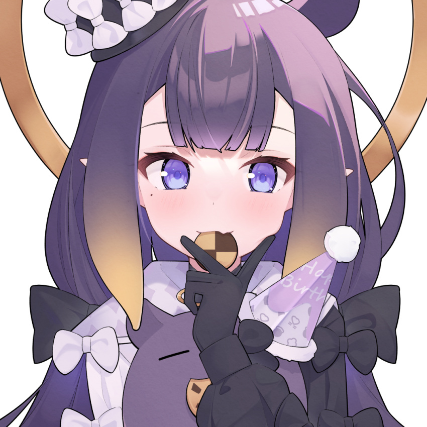 1girl black_gloves bow checkerboard_cookie cookie cp2980606 eating fang food gloves halo hat hololive hololive_english long_sleeves looking_at_viewer mole mole_under_eye ninomae_ina'nis official_alternate_costume party_hat pointy_ears purple_hair skin_fang solo takodachi_(ninomae_ina'nis) tentacle_hair upper_body violet_eyes virtual_youtuber