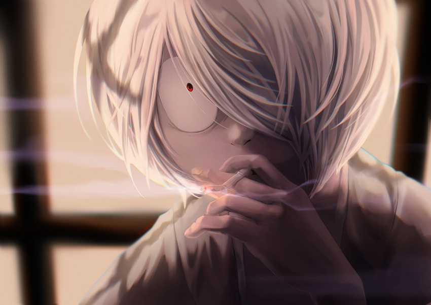 ._. 1boy absurdres cigarette commentary_request gegege_no_kitarou grey_hair hair_over_one_eye highres holding holding_cigarette indoors kitarou kujukusima looking_at_viewer male_focus one_eye_covered red_eyes smoke smoking solo window