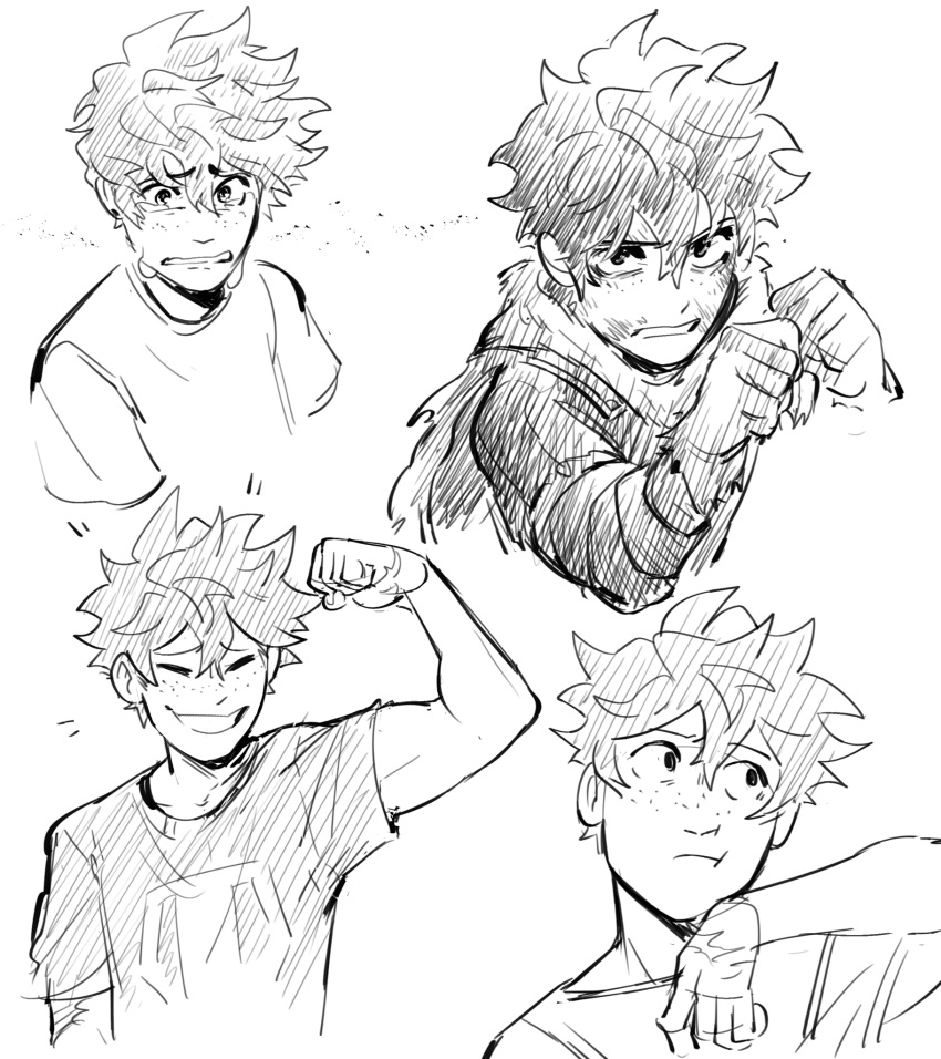 1boy arm_up boku_no_hero_academia cape clenched_hands closed_eyes commentary crying crying_with_eyes_open english_commentary flexing freckles greyscale habkart highres looking_at_viewer male_focus midoriya_izuku monochrome multiple_views shirt short_hair short_sleeves simple_background sketch smile tears upper_body white_background