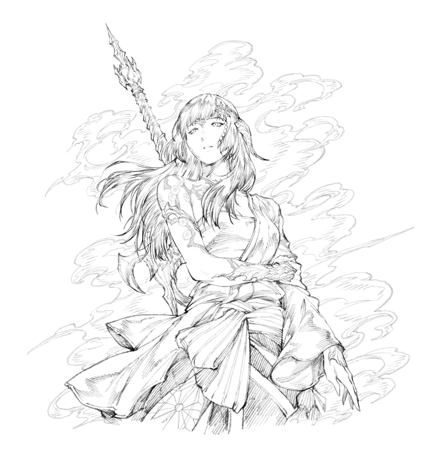 1girl absurdres au_ra avatar_(ff14) commentary commission english_commentary final_fantasy final_fantasy_xiv g_studio greyscale hair_ornament highres horns japanese_clothes kimono long_hair monochrome sarashi scales single_bare_shoulder smoke solo upper_body