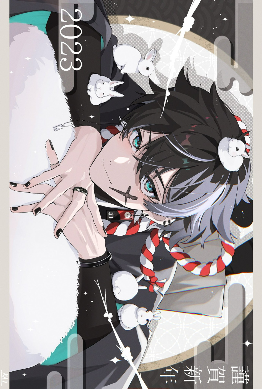 1boy 2023 bishounen black_hair black_nails chinese_zodiac grey_hair highres jewelry ka1_(user_hkdw4252) light_smile looking_at_viewer lying male_focus multicolored_hair multiple_rings original rabbit ring short_hair sideways solo streaked_hair two-tone_hair white_hair year_of_the_rabbit