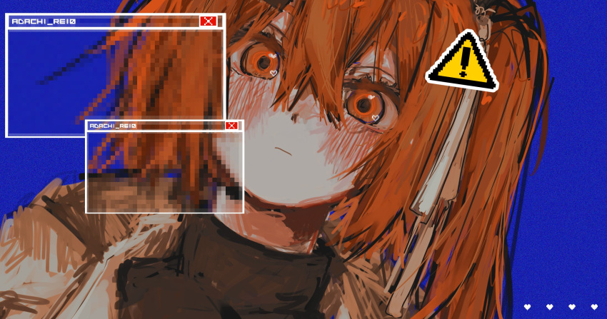 1girl a.i._voice adachi_rei black_shirt blue_background blush character_name dutch_angle hair_between_eyes hair_ornament hair_ribbon hairclip heart heart_in_eye highres jacket light_frown looking_at_viewer medium_hair ochio open_clothes open_jacket orange_eyes orange_hair pixelated portrait ribbon romaji_text shirt side_ponytail sign simple_background sketch solo symbol_in_eye turtleneck utau warning_sign white_jacket white_ribbon window_(computing)