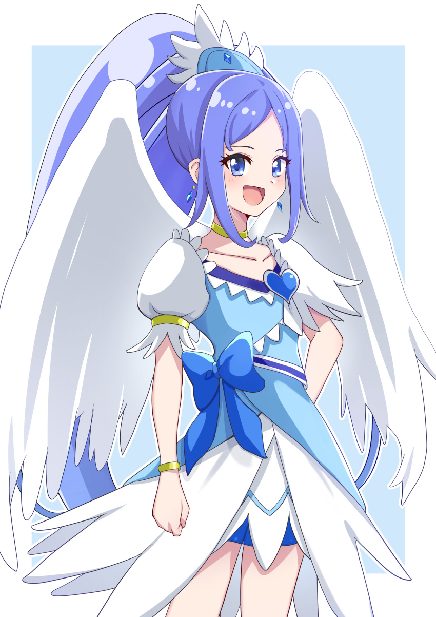 1girl absurdres angel_wings ao_(flowerclasse) bike_shorts bike_shorts_under_skirt blue_background blue_bow blue_dress blue_eyes blue_hair blue_skirt bow bracelet brooch choker collarbone commission crystal_earrings cure_diamond dokidoki!_precure dress earrings feather_hair_ornament feathered_wings feathers hair_ornament heart_brooch highres hishikawa_rikka jewelry long_hair looking_at_viewer magical_girl open_mouth ponytail precure puffy_short_sleeves puffy_sleeves short_sleeves skeb_commission skirt smile solo very_long_hair white_background wings