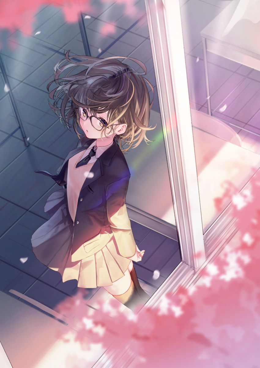 1girl breasts brown_eyes brown_hair cherry_blossoms commentary_request from_above glasses highres jacket looking_at_viewer messy_hair necktie open_clothes open_jacket original parted_lips pleated_skirt school short_hair skirt small_breasts spring_(season) standing sweater_vest wind window yoruillust zettai_ryouiki