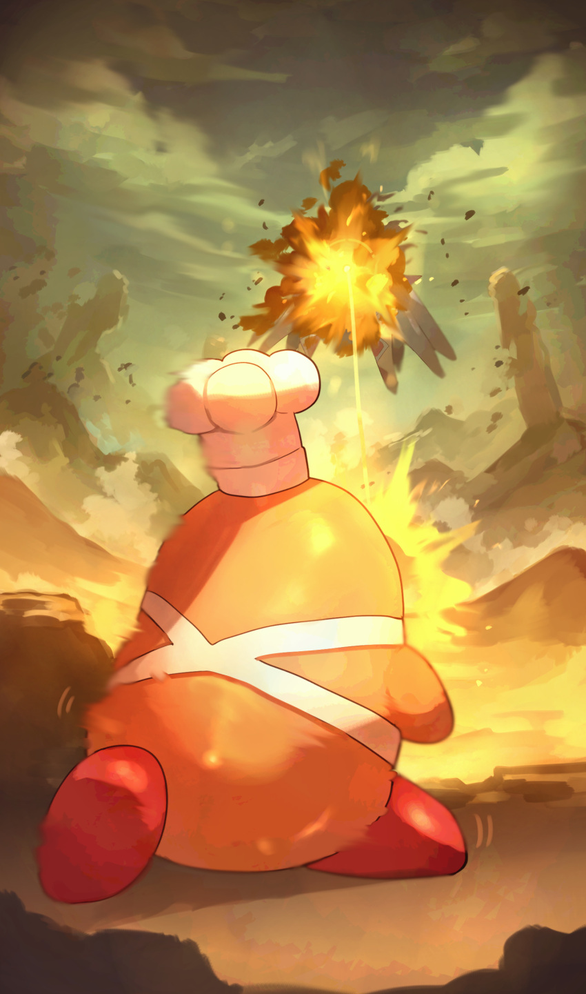 absurdres apron chef_hat chef_kawasaki dark_matter_blade explosion floating from_behind glowing glowing_eye hat highres kirby_(series) levitation no_humans outdoors shiburingaru weapon