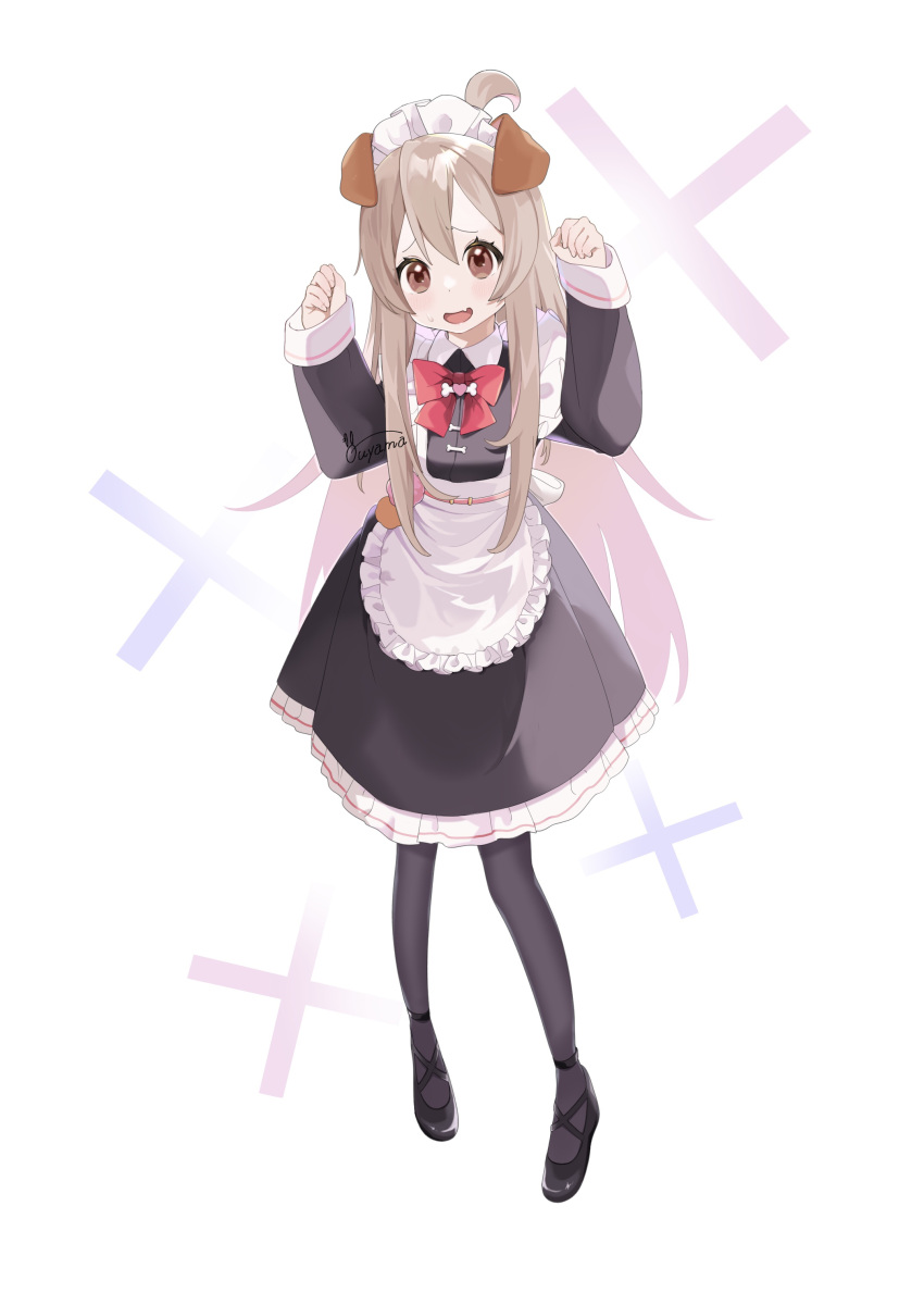 1girl :d absurdres ahoge alternate_costume animal_ears apron artist_name black_footwear black_pantyhose blonde_hair bow bowtie brown_eyes commentary dog_ears enmaided fang frilled_apron frills full_body hair_between_eyes hands_up highres long_hair long_sleeves maid maid_headdress melumoto_a onii-chan_wa_oshimai! open_mouth oyama_mahiro pantyhose paw_pose red_bow red_bowtie shoes simple_background skin_fang sleeves_past_wrists smile solo white_background wing_collar