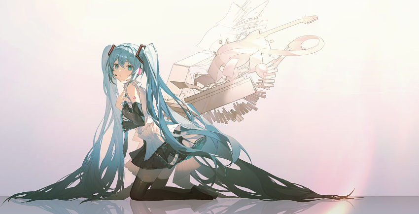 1girl absurdres bare_shoulders black_footwear black_skirt black_sleeves blue_eyes blue_hair boots commentary_request detached_sleeves electric_guitar from_side guitar hair_between_eyes hand_up hatsune_miku headset highres instrument kiduki kneeling long_hair long_sleeves looking_at_viewer looking_to_the_side miku_day notepad pleated_skirt reflection shirt skirt sleeveless sleeveless_shirt solo thigh_boots twintails very_long_hair vocaloid white_shirt wide_sleeves