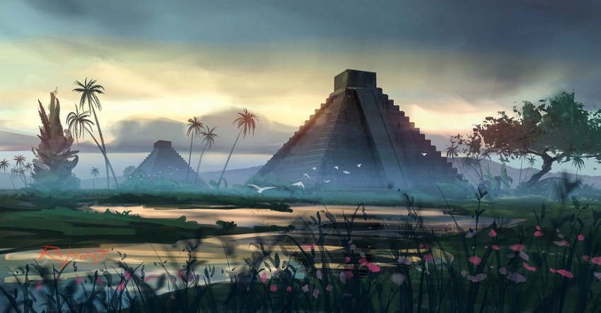 artist_name building landscape no_humans original outdoors palm_tree rajawat scenery signature sky tree watermark ziggurat