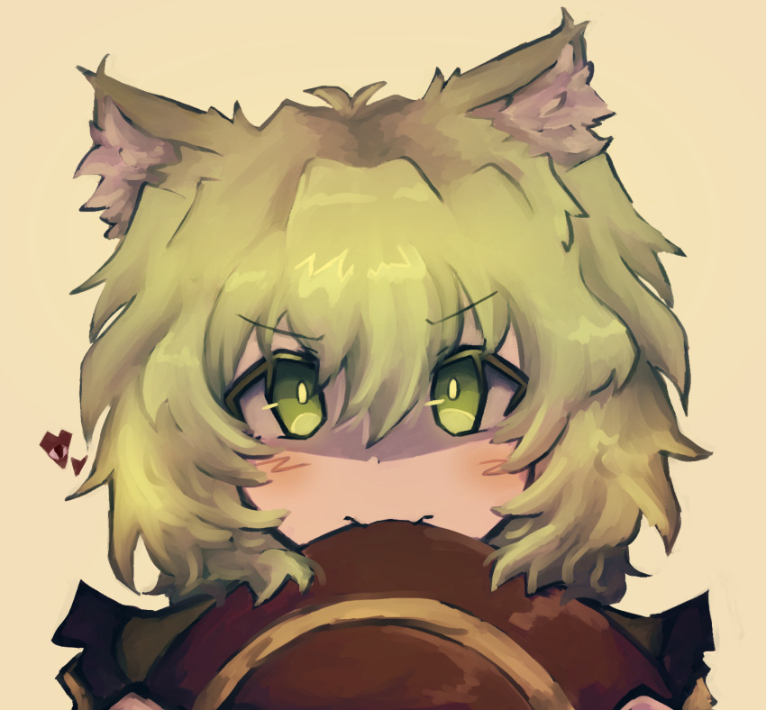 1girl animal_ear_fluff animal_ears black_headwear blush cat_ears closed_mouth commentary green_eyes green_hair hair_between_eyes hat hat_removed headwear_removed heart highres holding holding_clothes holding_hat kemonomimi_mode komeiji_koishi looking_at_viewer mouth_hold myoshell profile short_hair simple_background touhou yellow_background