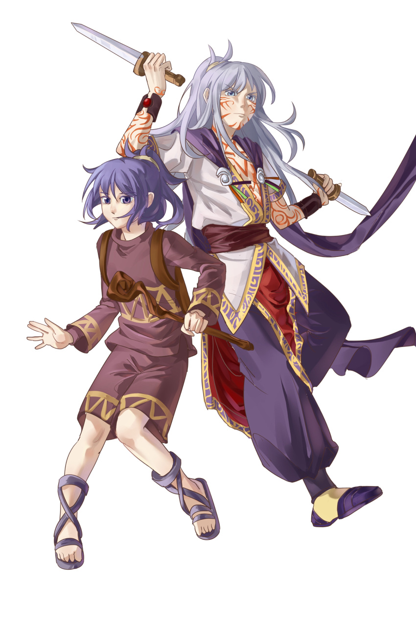 2boys absurdres arcturus bracer brown_sash brown_shirt brown_shorts closed_mouth commentary dagger dual_persona dual_wielding frown full-body_tattoo full_body grey_eyes grey_hair hair_between_eyes high_ponytail highres holding holding_dagger holding_knife holding_staff holding_weapon knife long_hair long_sleeves looking_at_viewer male_focus multiple_boys open_clothes pants ponytail purple_footwear purple_hair purple_pants sandals shirt shoes short_sleeves shorts simple_background sizz_flair smile staff tattoo violet_eyes weapon white_background white_shirt xiansan