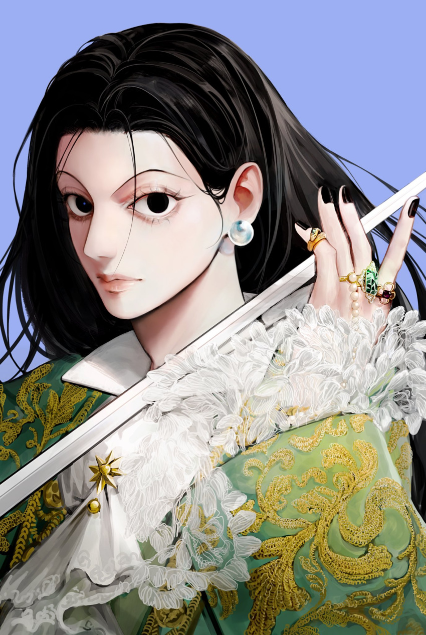1boy black_eyes black_hair black_nails closed_mouth dress earrings expressionless green_dress highres holding holding_sword holding_weapon hunter_x_hunter illumi_zoldyck jewelry long_hair long_sleeves looking_at_viewer male_focus nail ra_ho ring simple_background solo sword toned toned_male weapon white_background